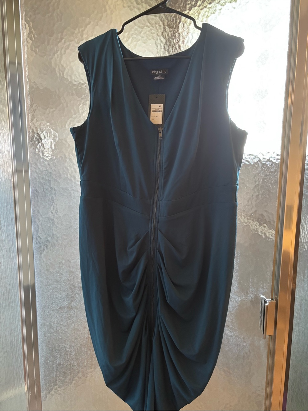 City Chic Teal Zip-Front Ruched V-Neck Midi Dress